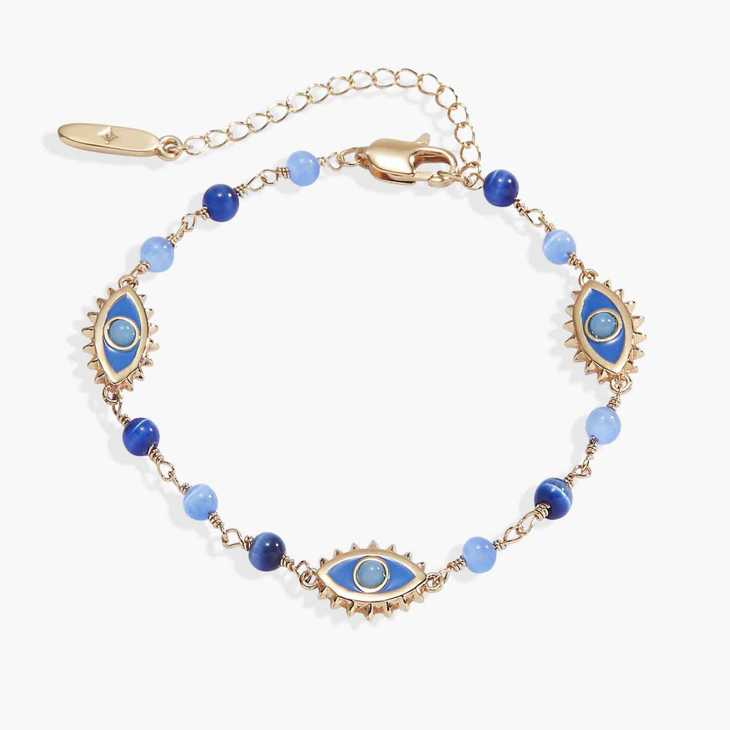 Blue Aventurine Evil Eye Linear Bracelet: Gold