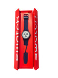 Navy Swatch chronograph watch with white panda dial