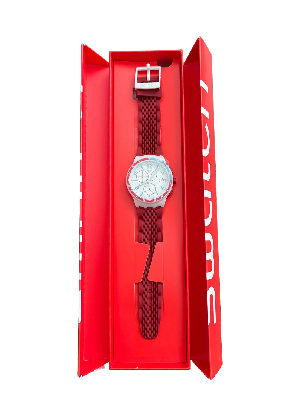 Swatch chronograph burgundy strap in original box
