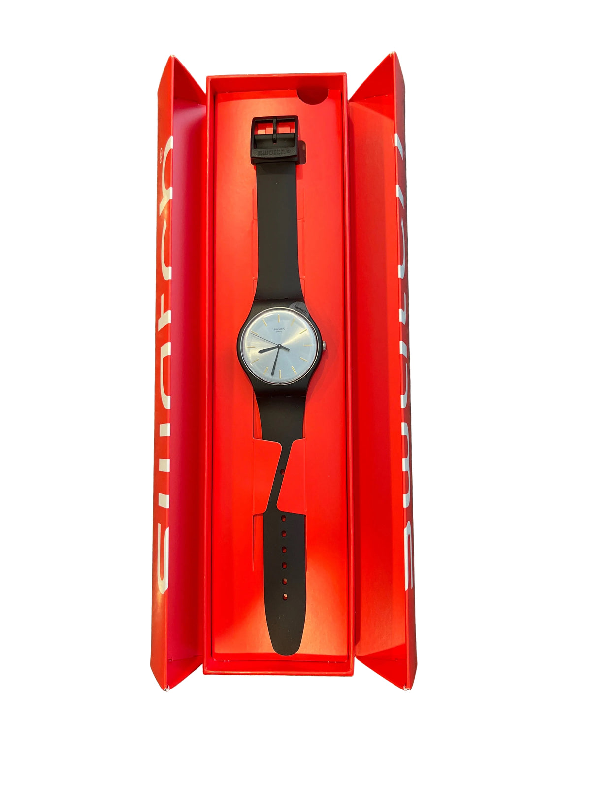 Minimalist black Swatch watch with ice blue dial