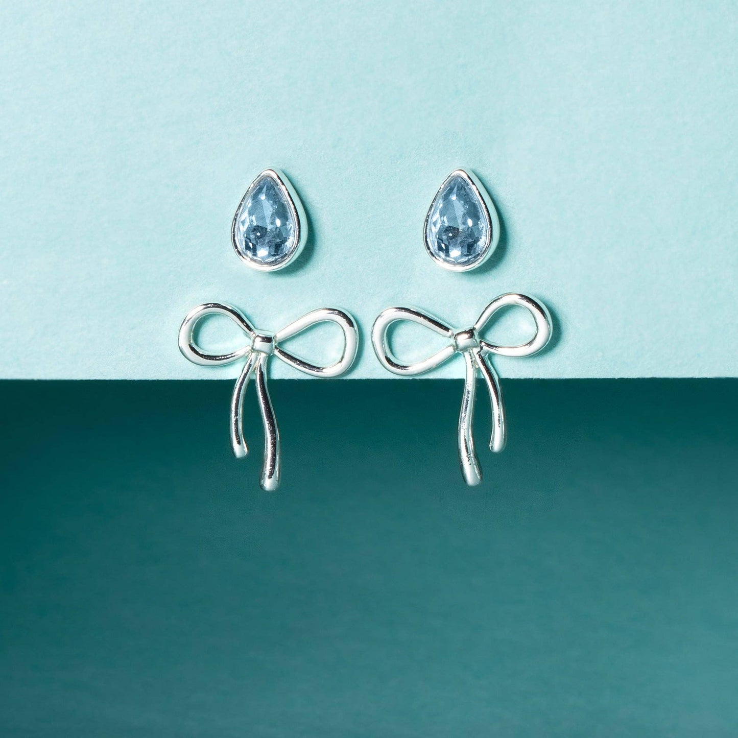 Bow & Teardrop Stud Earring Set: Silver