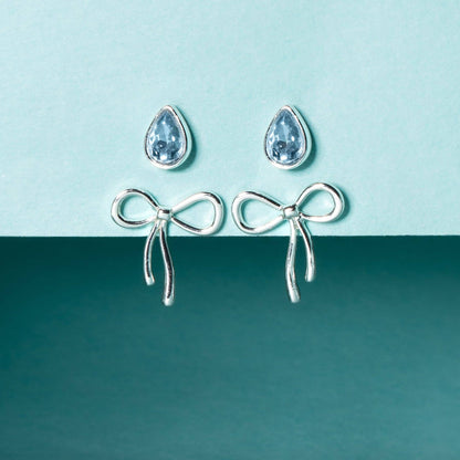 Bow & Teardrop Stud Earring Set: Silver
