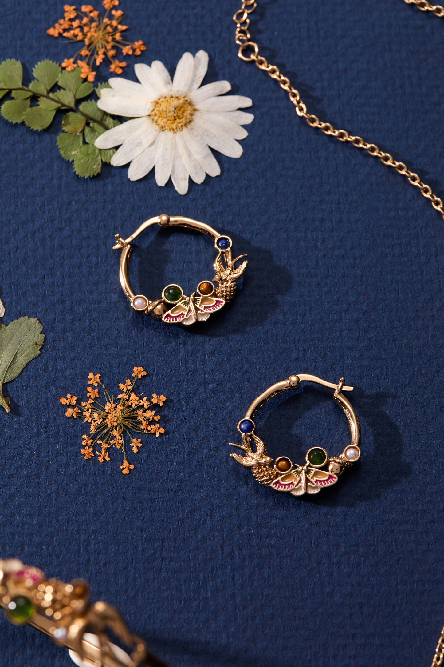 Woodland Gemstone Hoop Earrings: Gold