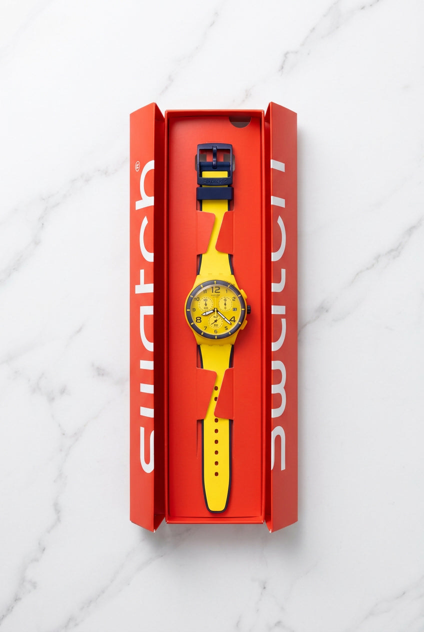 Yellow Swatch chronograph in original box