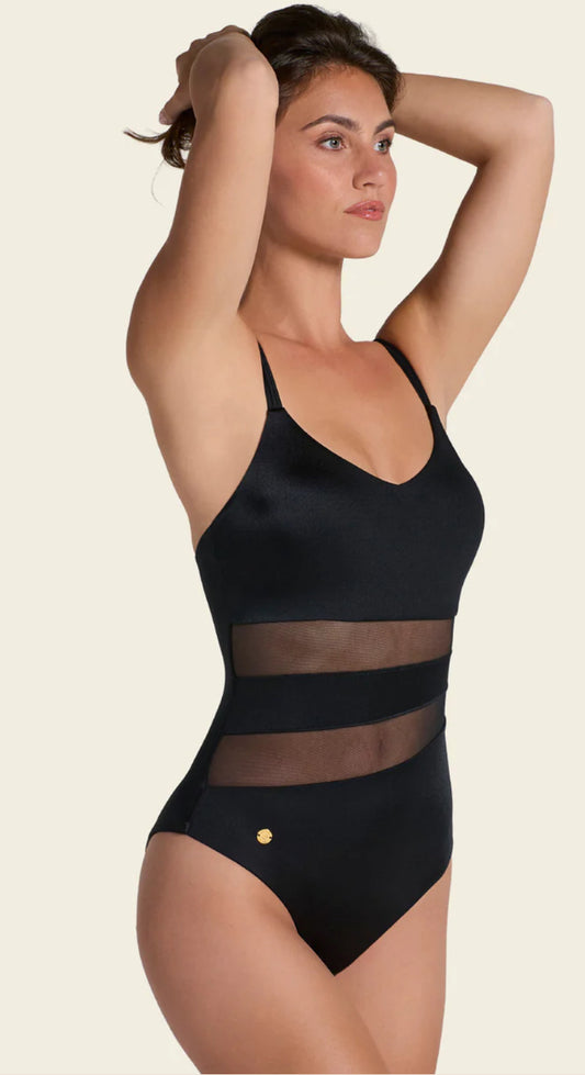 One-Piece Slimming Swimsuit with Mesh Stripes in Front