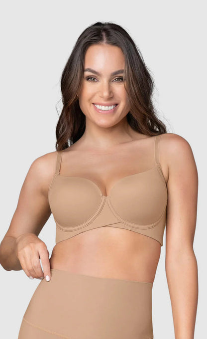 Bra with good coverage in neckline and back 
Maxi Support Bra 
Or more natural: 
Full Coverage Bra with Max Support 091086