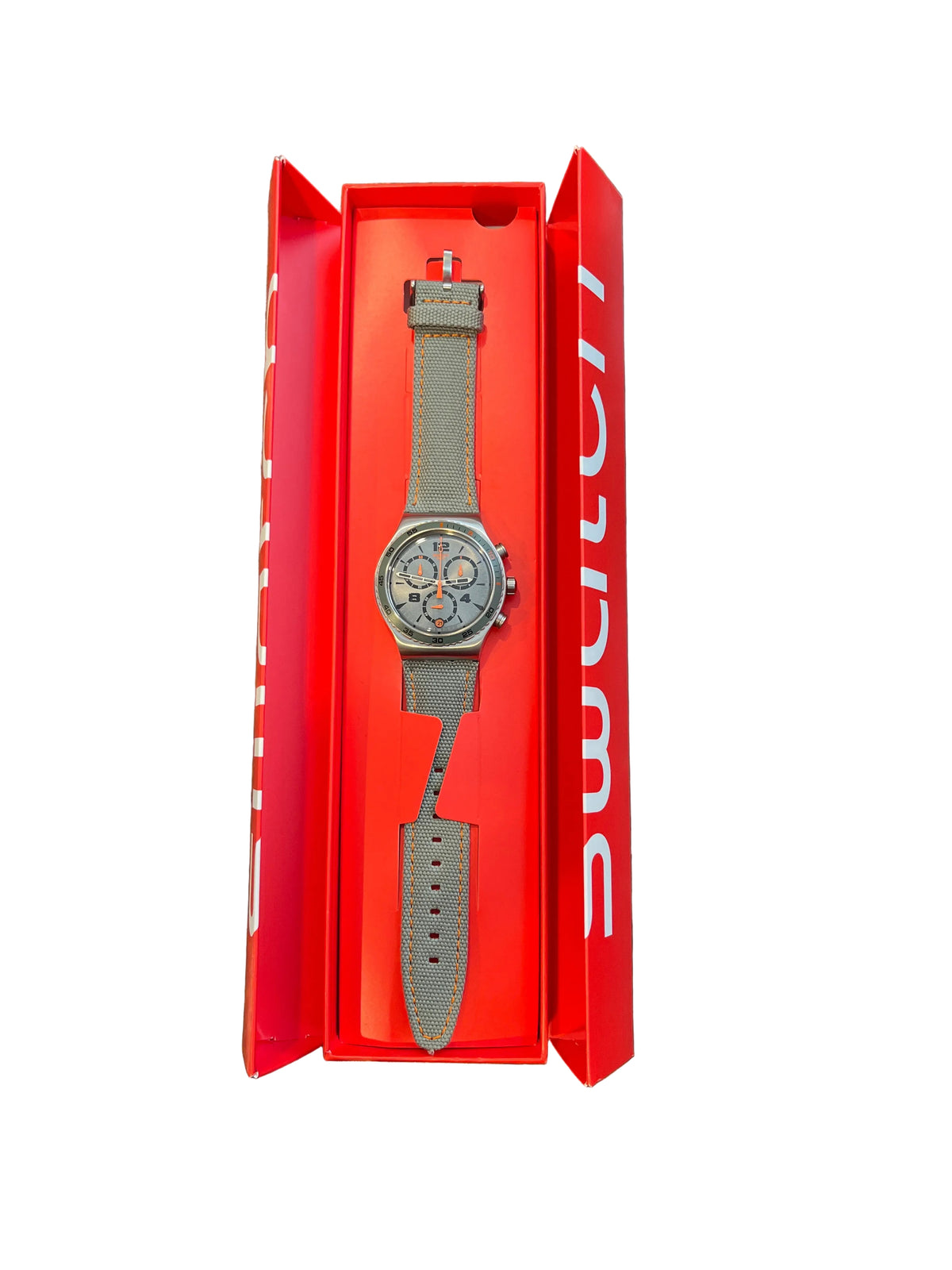 Swatch steel chronograph grey fabric strap in box