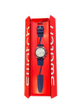Swatch chronograph watch with silver dial and navy strap