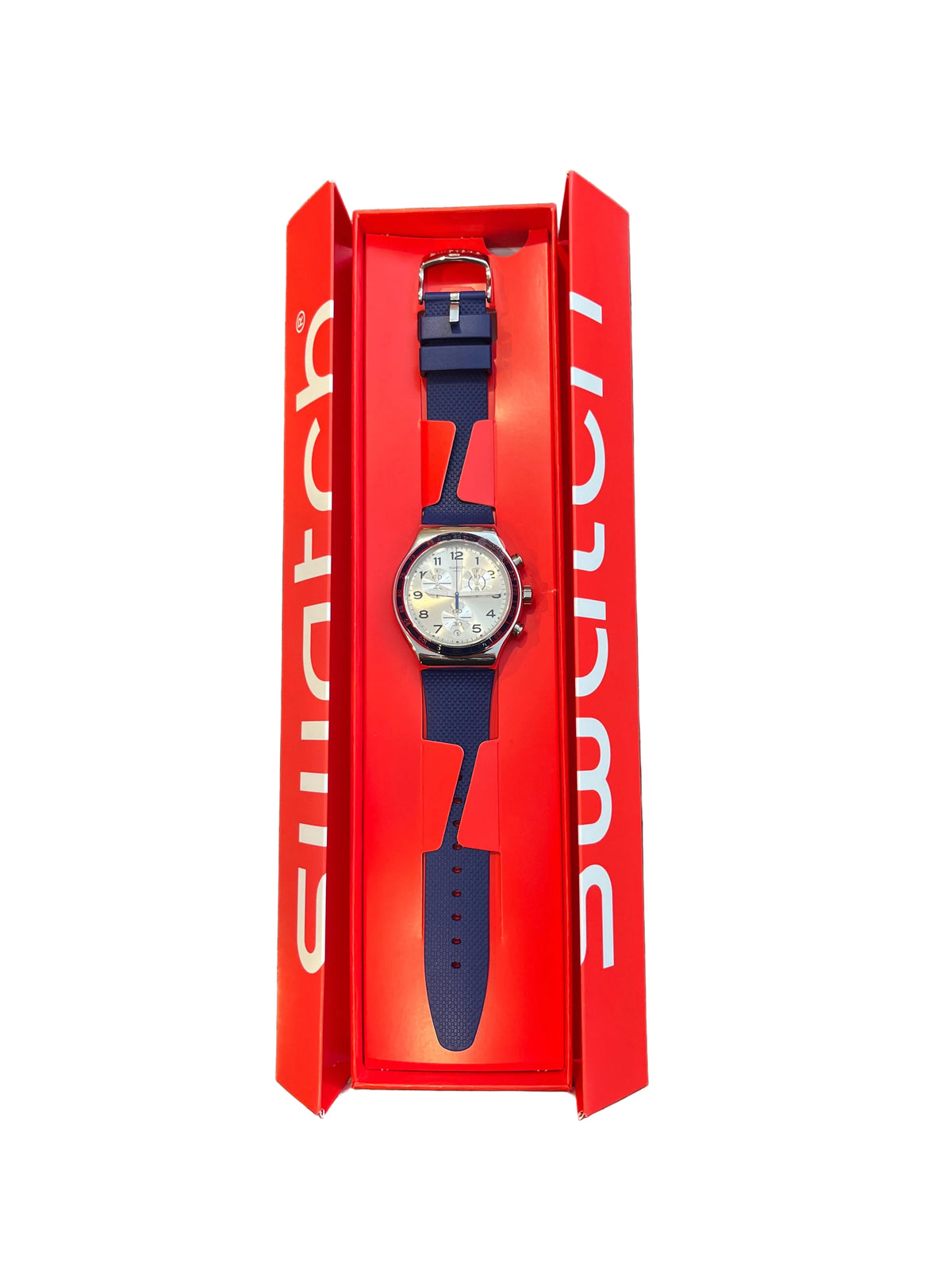 Swatch chronograph watch with silver dial and navy strap