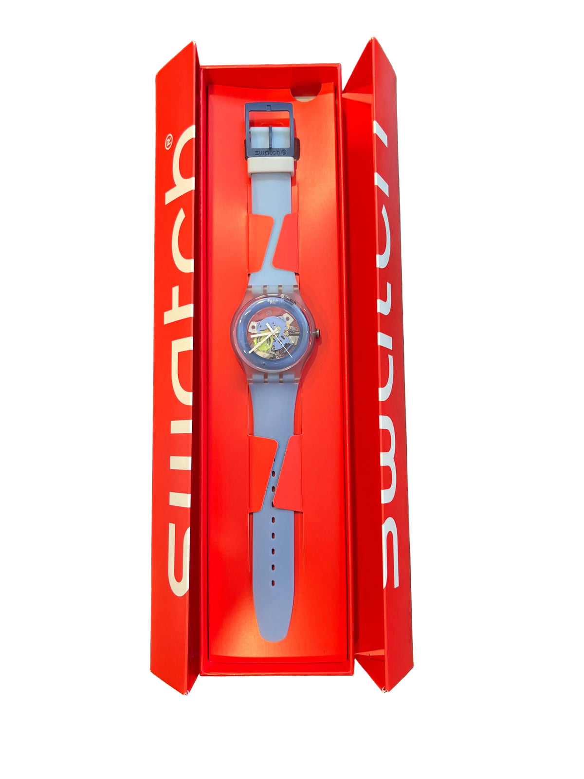 See-through light blue Swatch watch in box