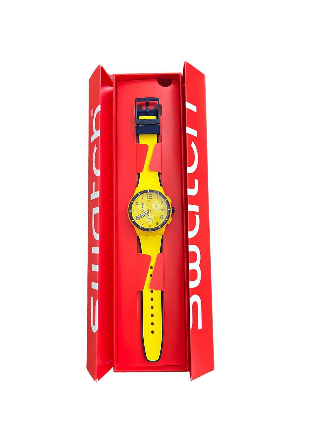Bright yellow Swatch chronograph watch