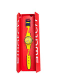 Bright yellow Swatch chronograph watch