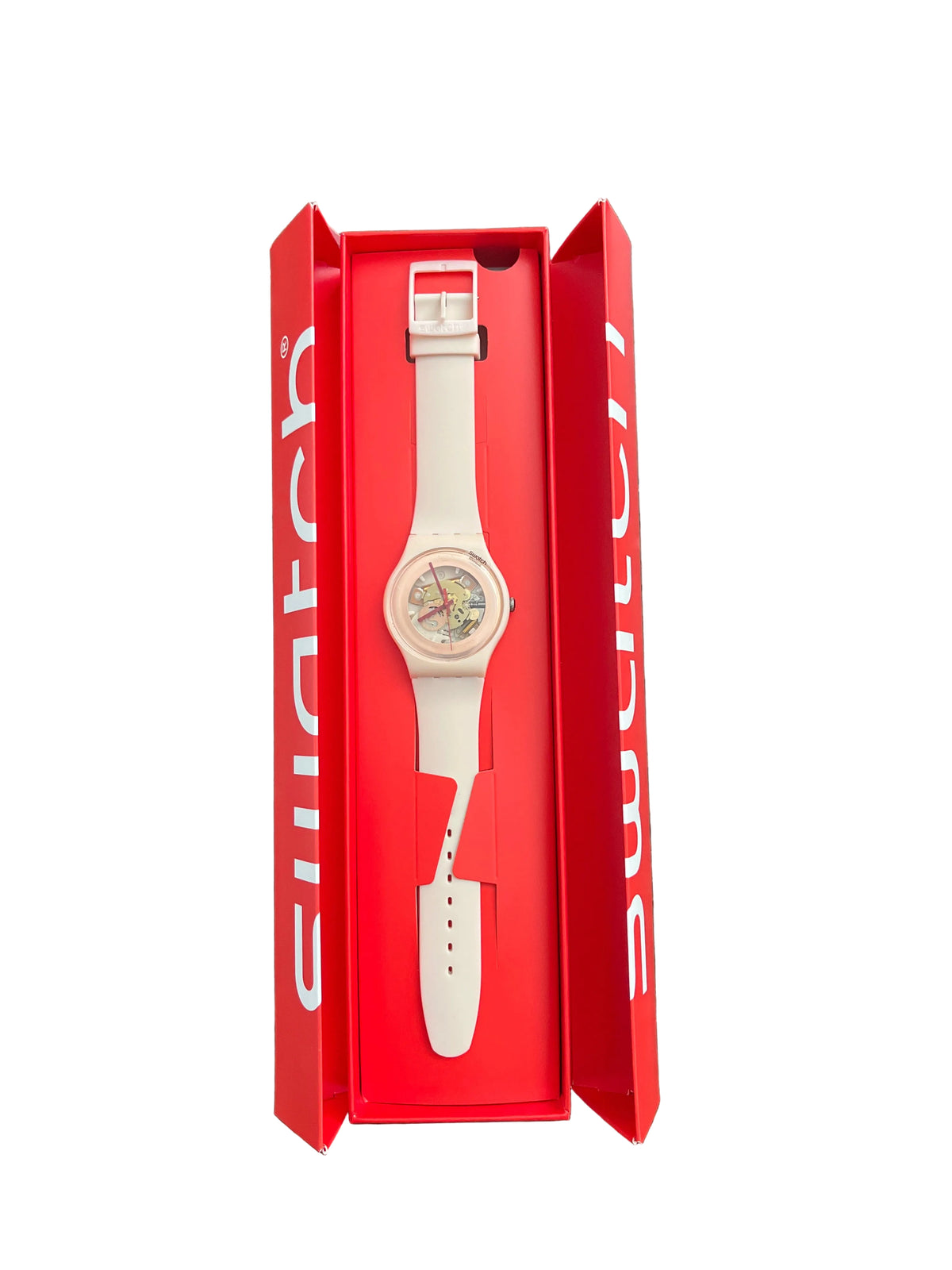 Blush pink transparent Swatch skeleton watch