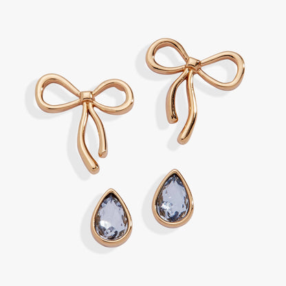 Bow & Teardrop Stud Earring Set: Silver