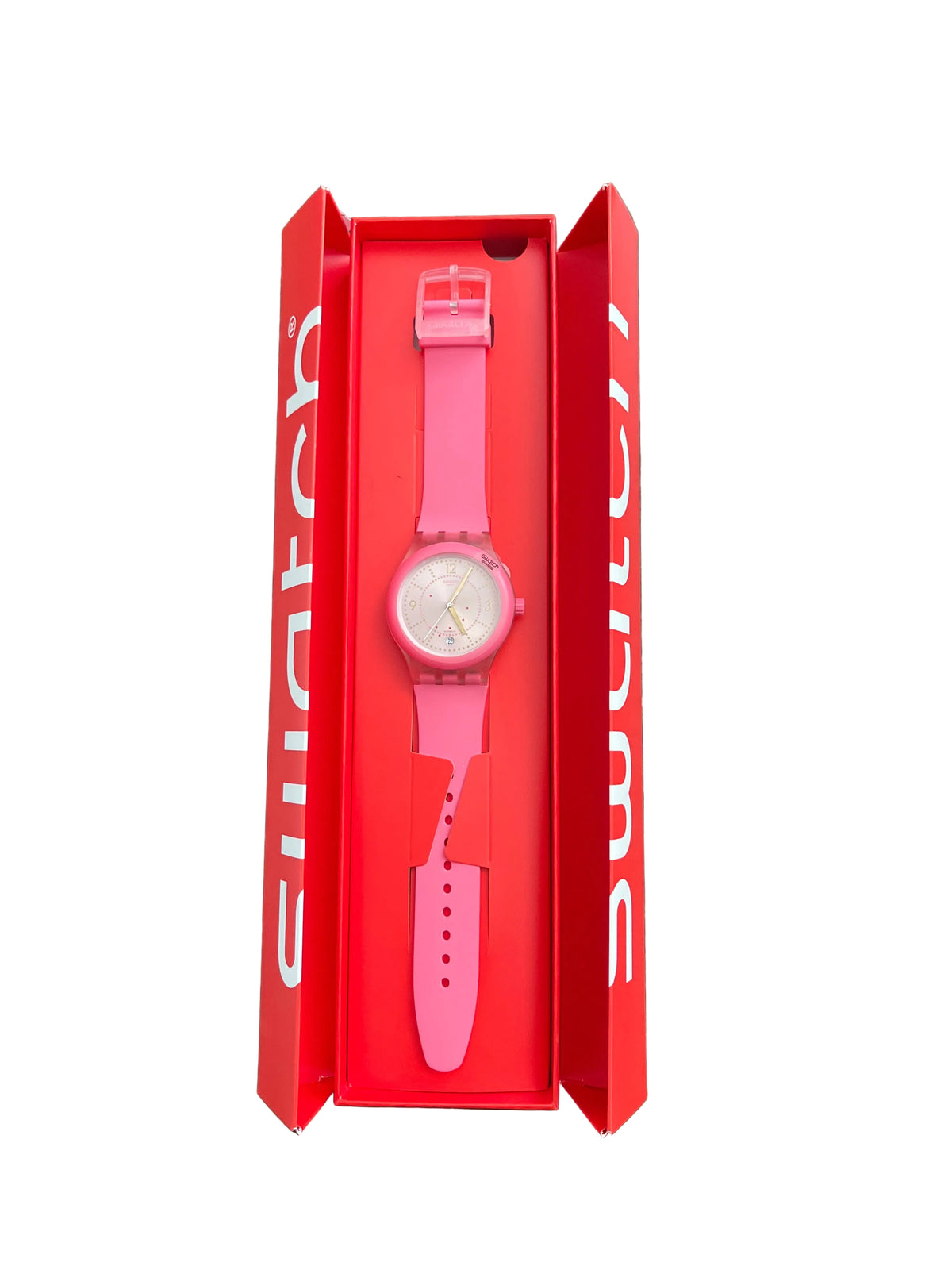 Pink Swatch watch with pink dial and date
