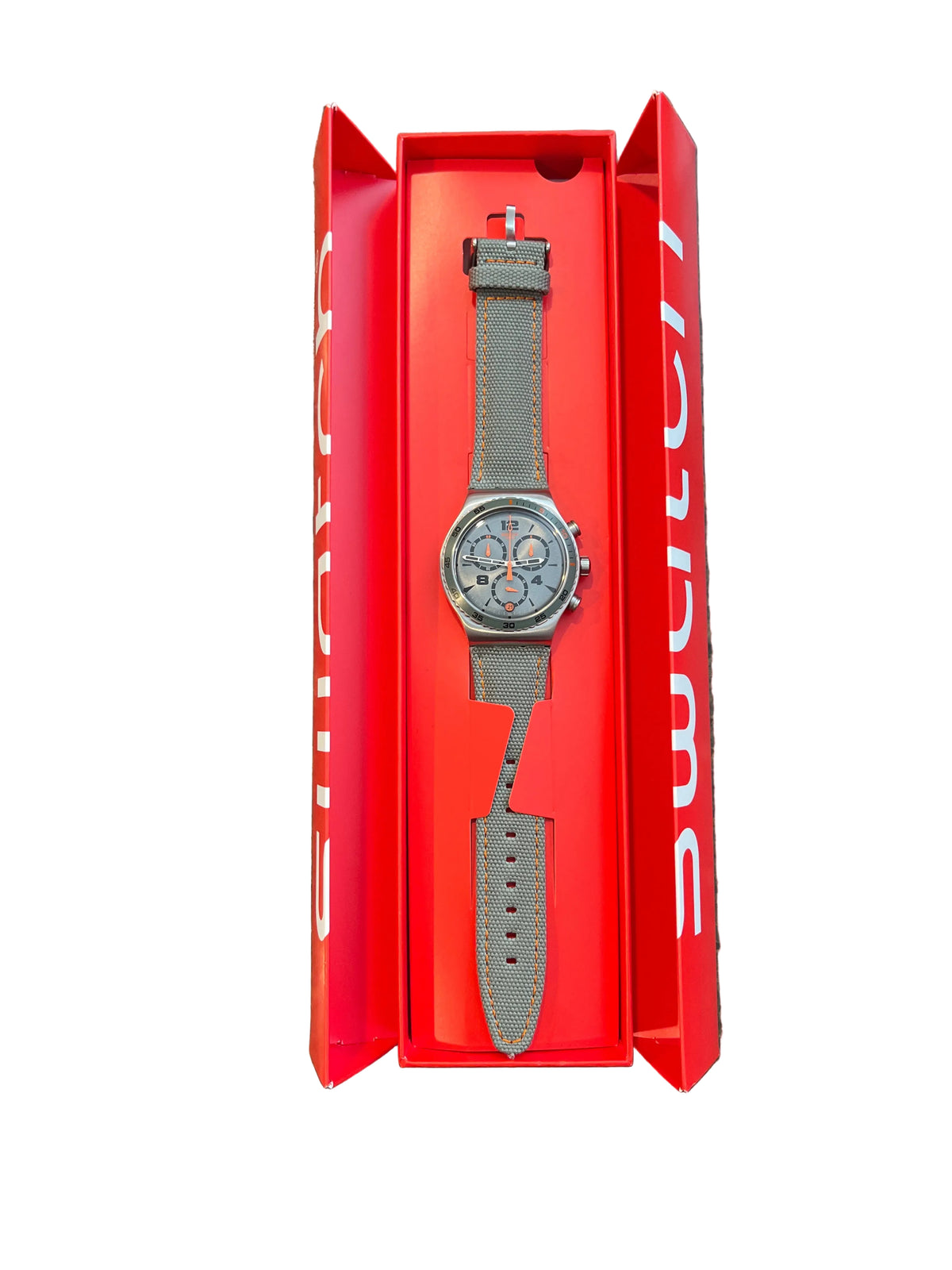 Swatch steel chronograph watch with grey dial and fabric strap