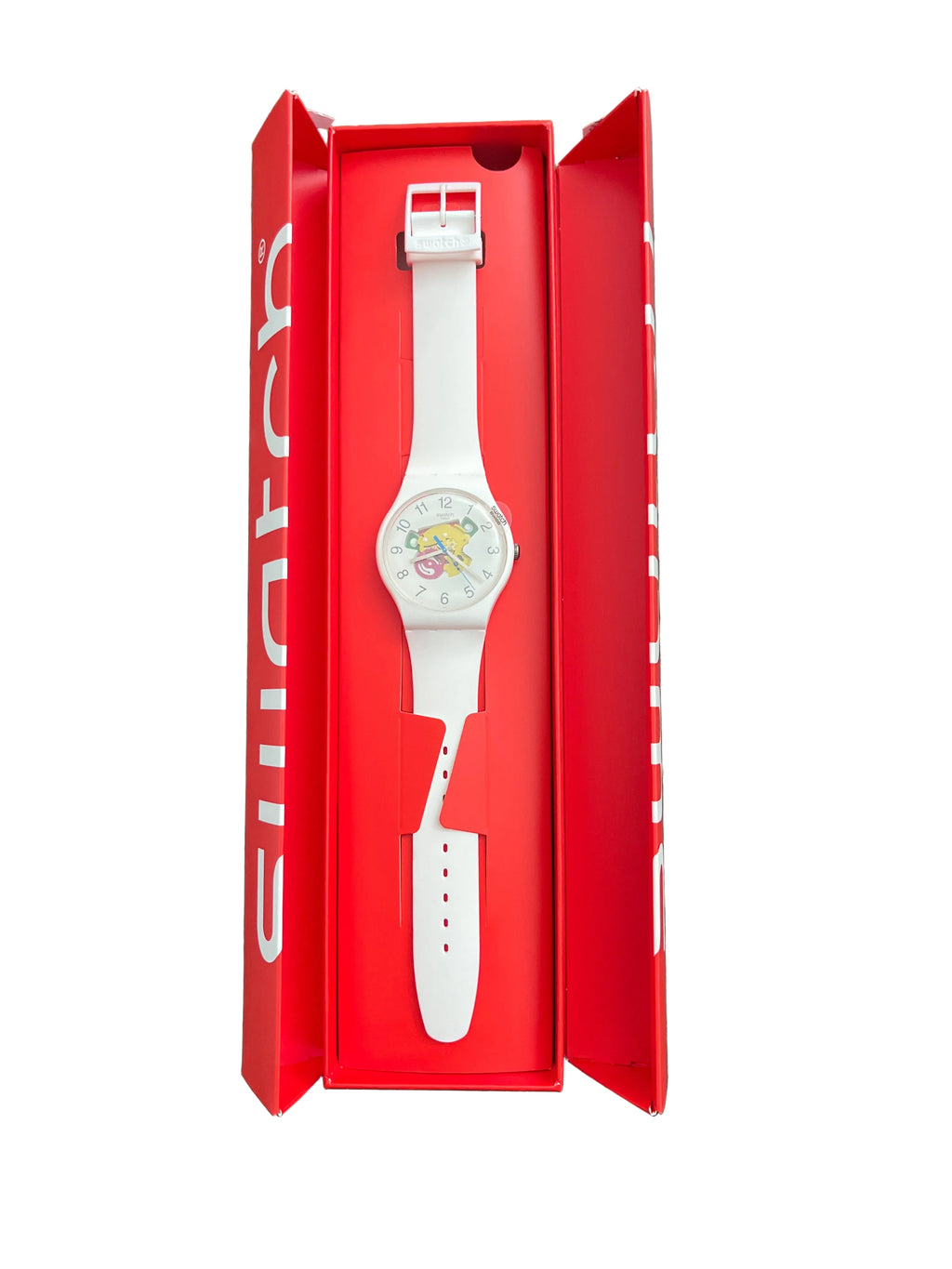 White Swatch watch with colorful pop art dial