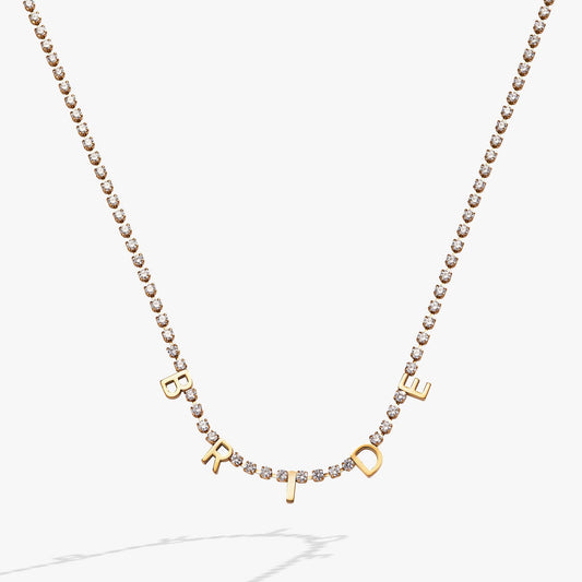 “Bride” Crystal Tennis Necklace: Stainless Steel Gold