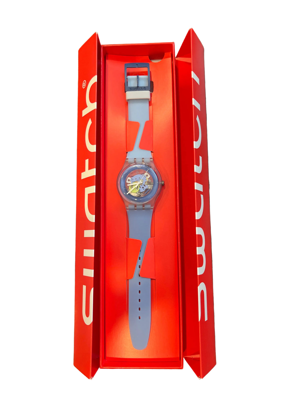 Light blue transparent Swatch skeleton watch