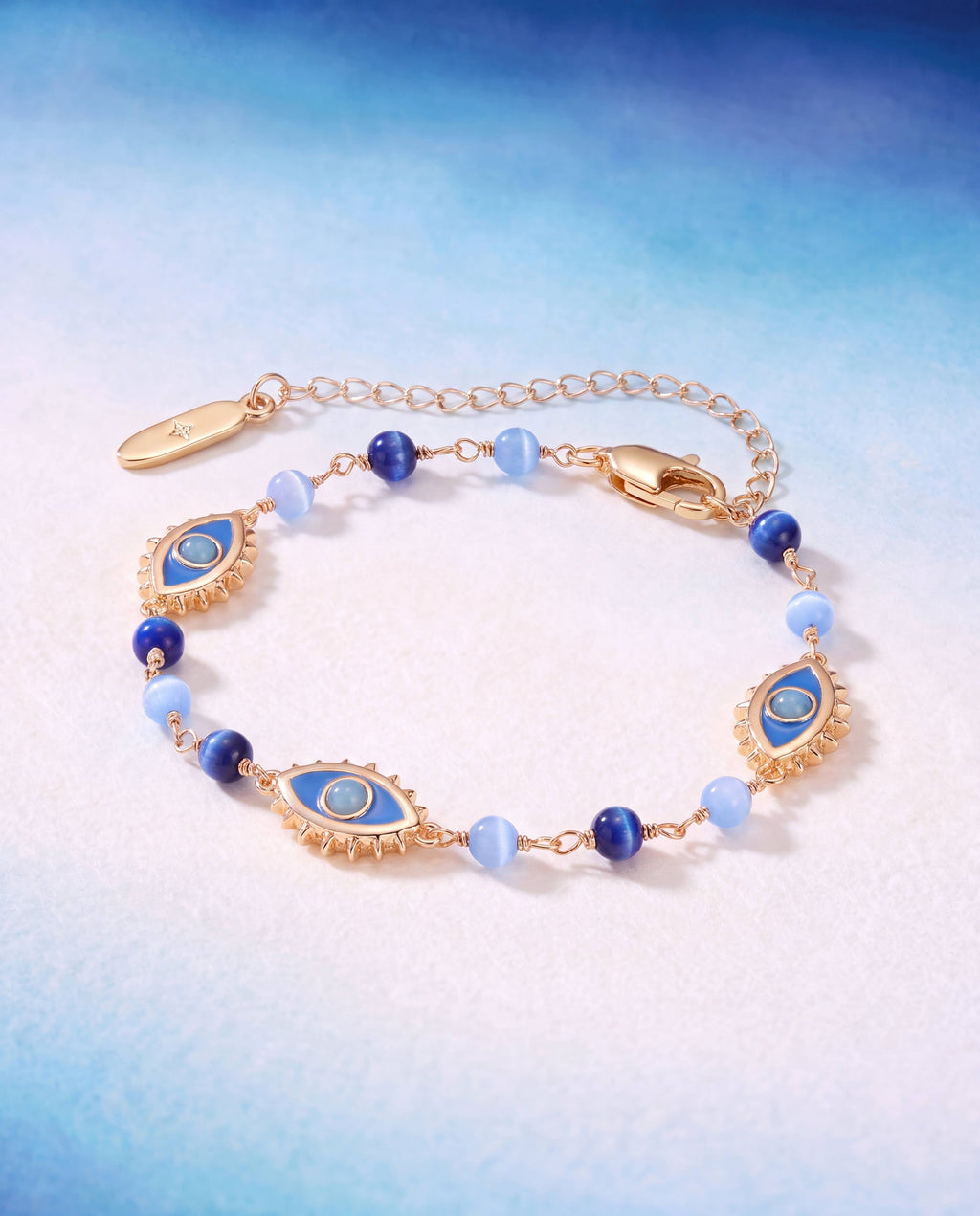 Blue Aventurine Evil Eye Linear Bracelet: Gold