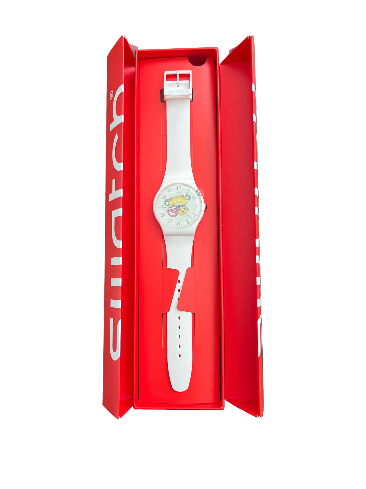 White pop art Swatch watch in original box