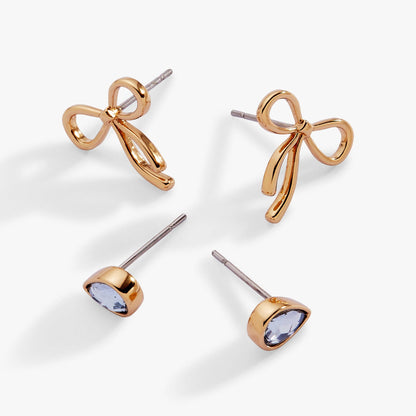 Bow & Teardrop Stud Earring Set: Silver