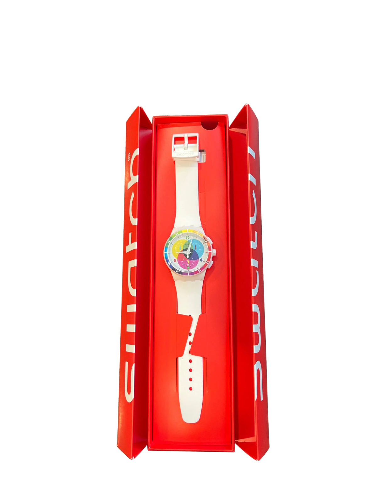 White Swatch chronograph watch with rainbow dial