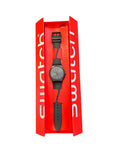 Swatch watch with charcoal dial and lime accents