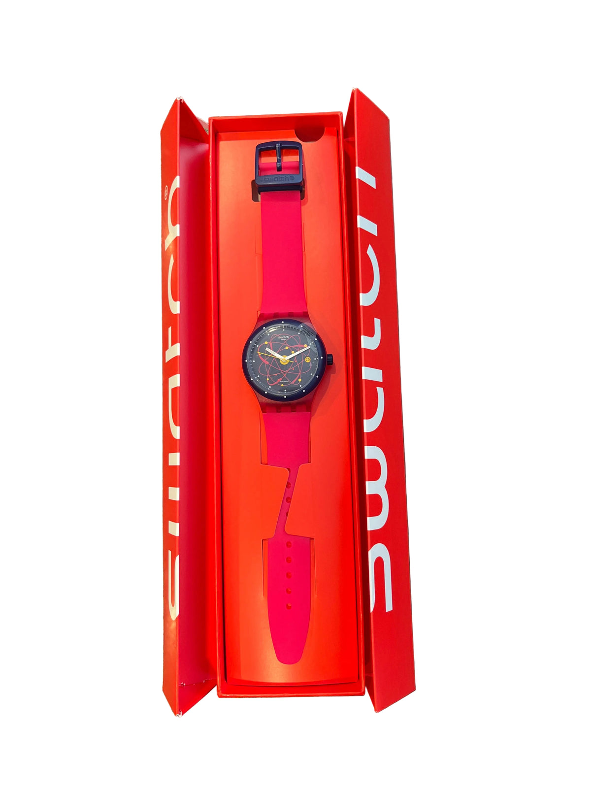 Swatch watch with navy orbit dial and pink strap