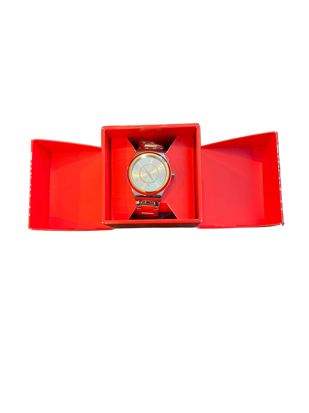 Swatch stainless steel bracelet watch with silver and gold-tone dial