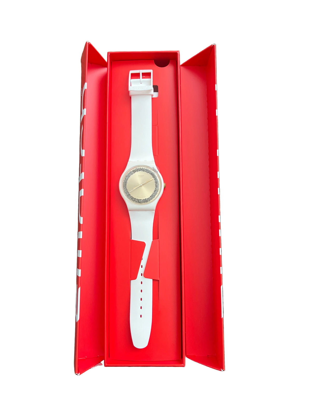 Gold glitter dial Swatch watch in original box