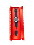 Navy Swatch chronograph watch with red and white bezel