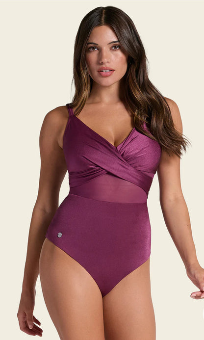 One Piece Swimsuit with Criss Cross Neckline and Tulle