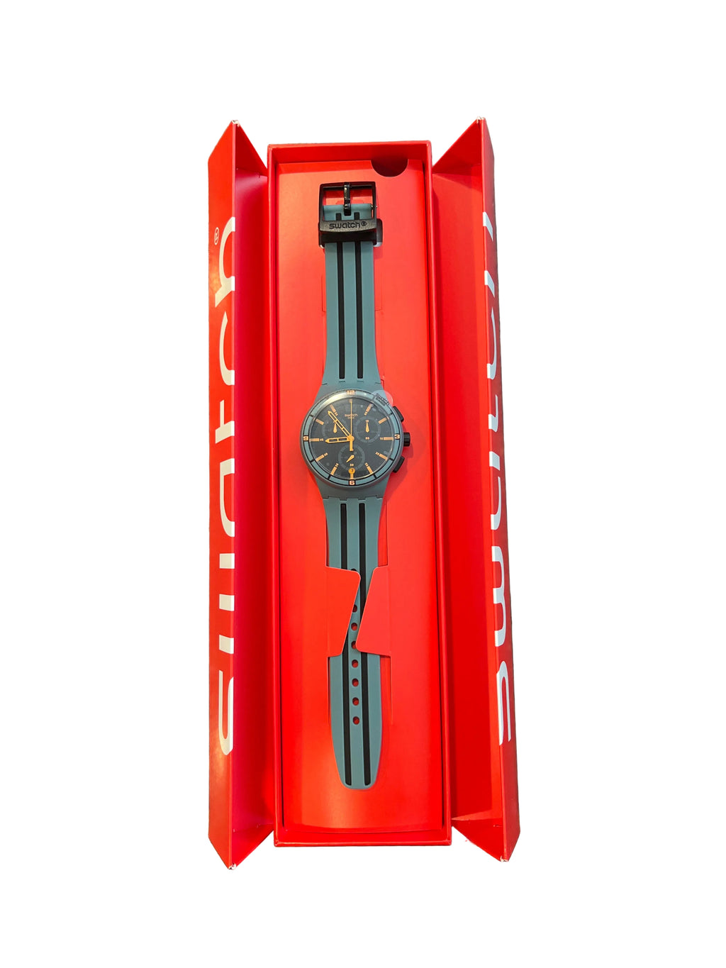 Grey and orange Swatch chronograph in original box