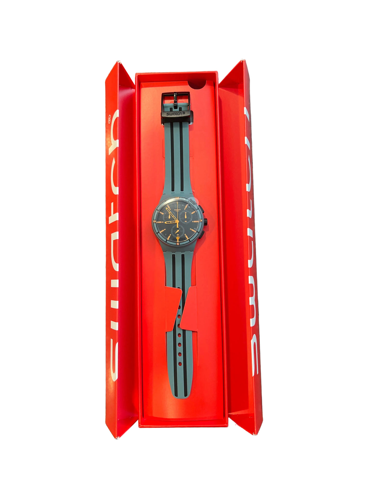 Grey and orange Swatch chronograph in original box