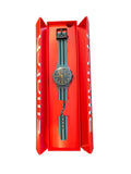 Slate grey Swatch chronograph watch with orange hands