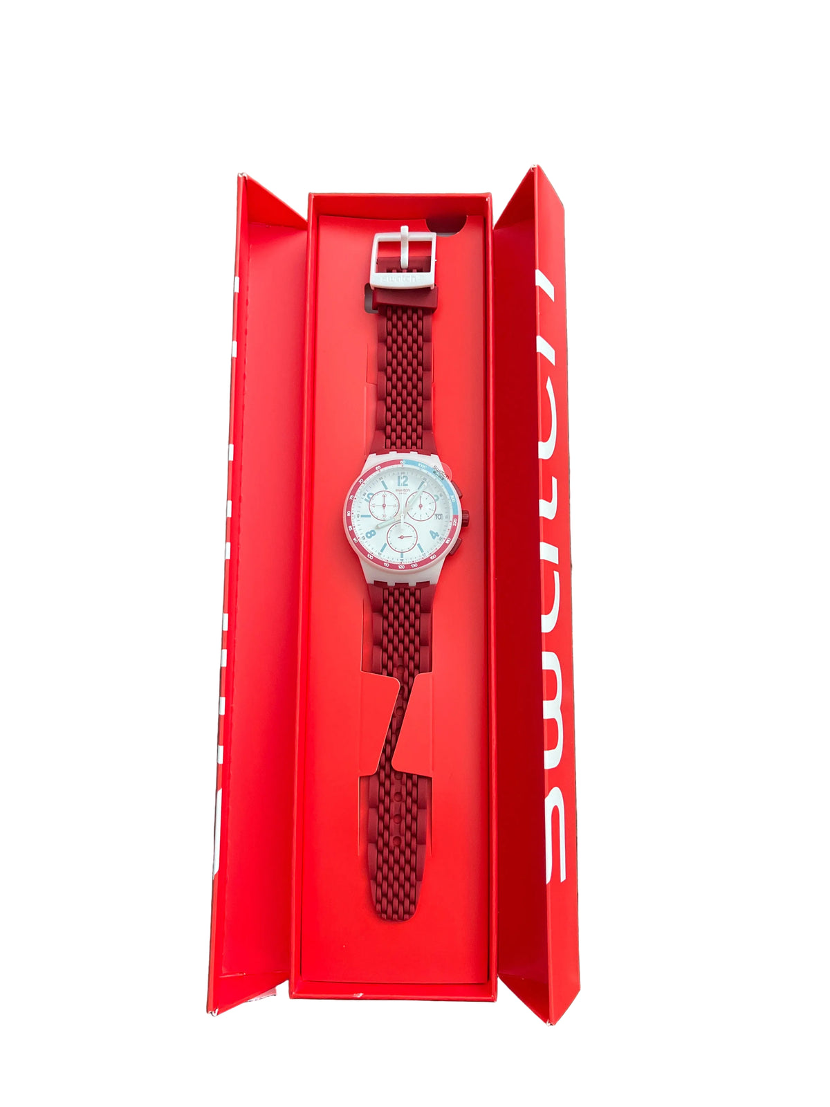 White Swatch chronograph with red and blue bezel and burgundy strap
