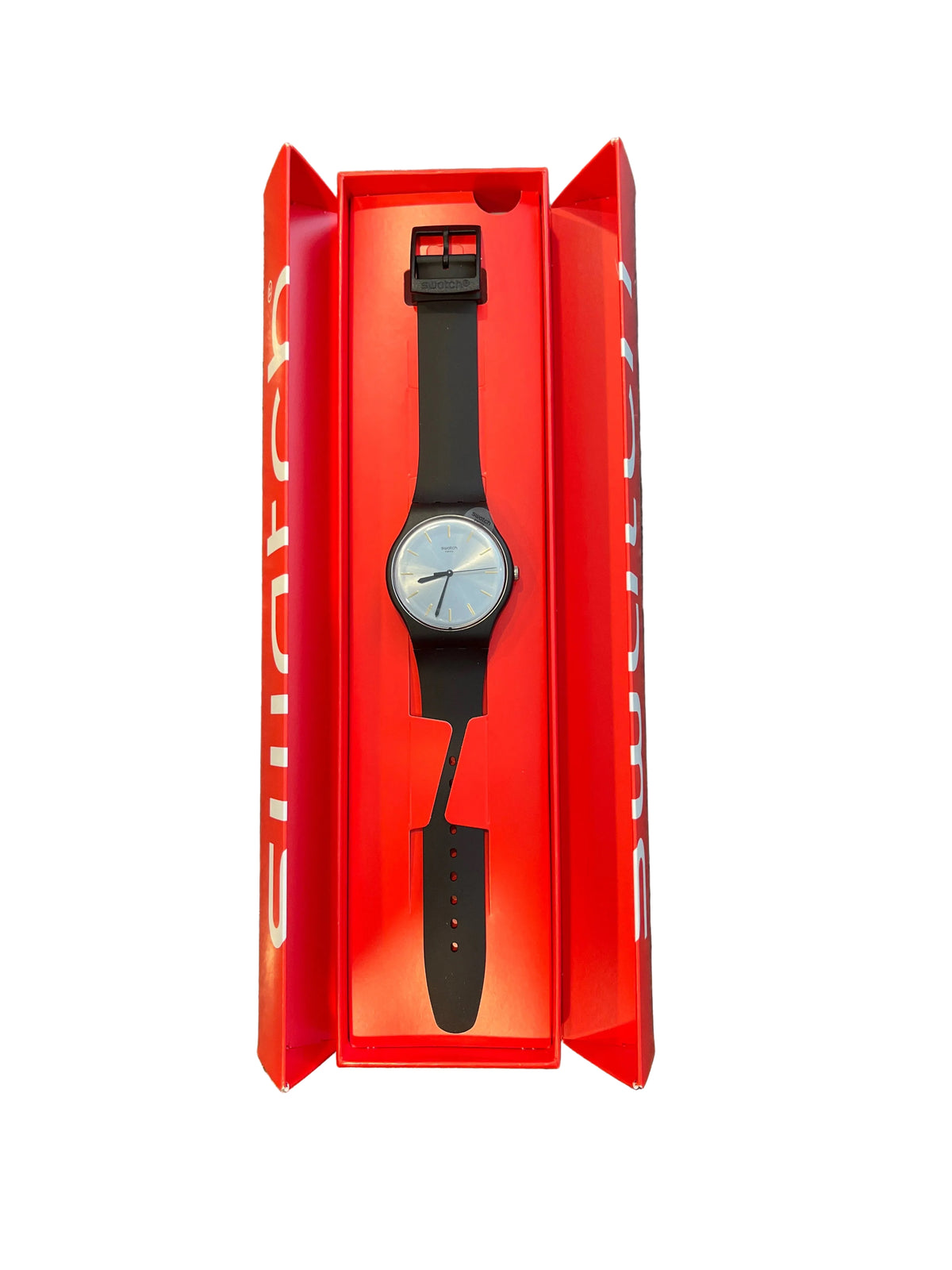 Black Swatch watch with blue dial in original box