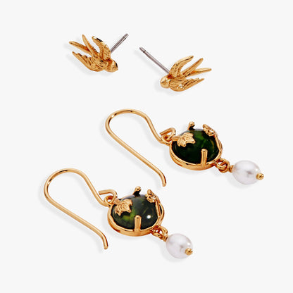 Woodland Swallow Stud & Drop Earring Set of 2: Gold
