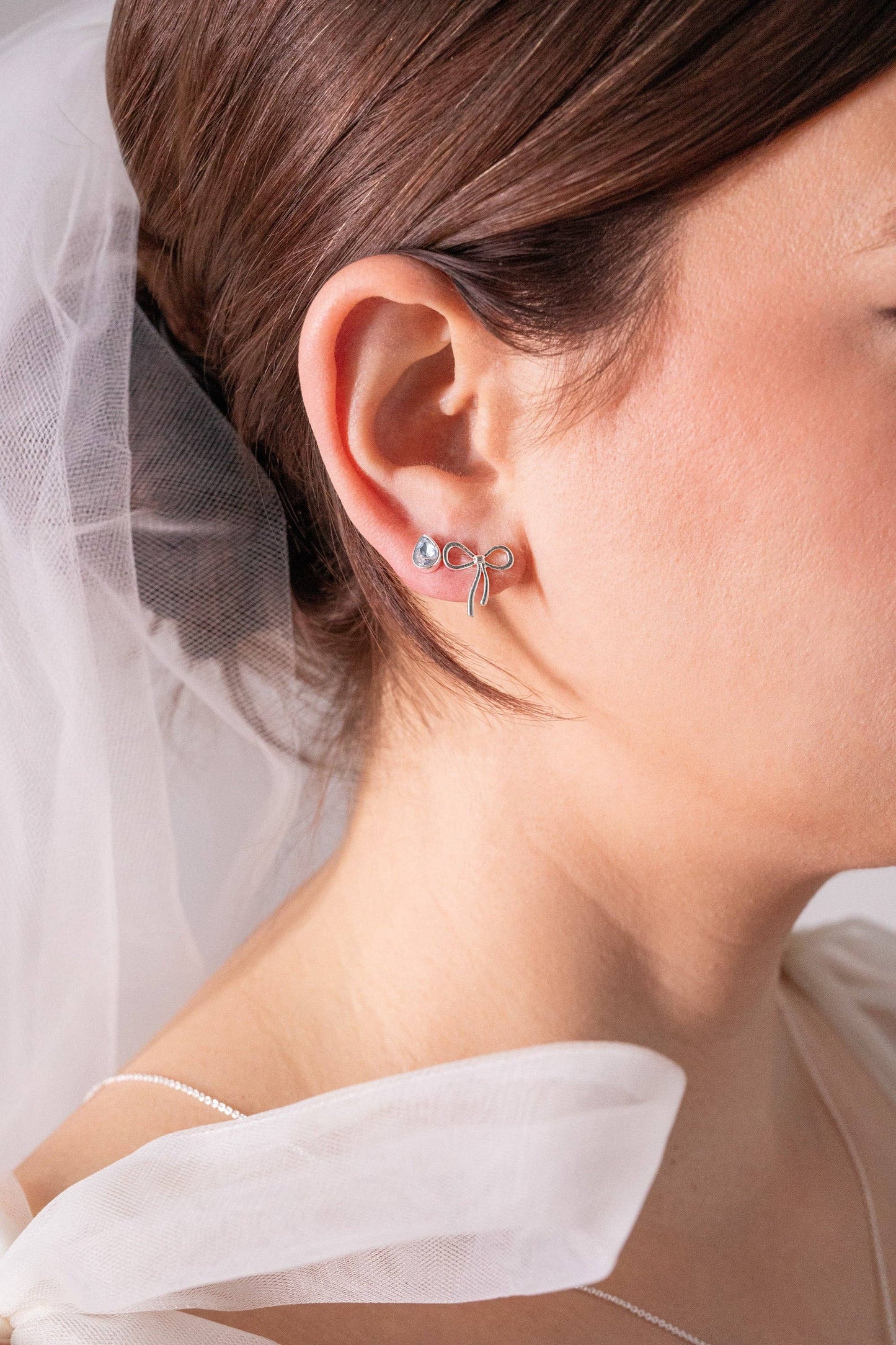 Bow & Teardrop Stud Earring Set: Silver