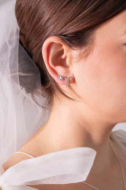 Bow & Teardrop Stud Earring Set: Silver
