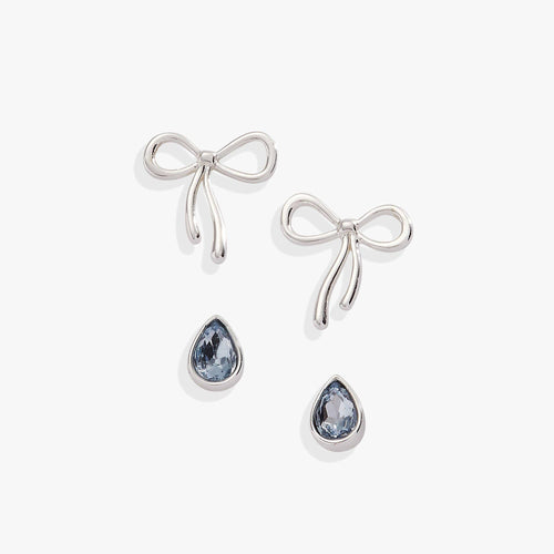 Bow & Teardrop Stud Earring Set: Silver
