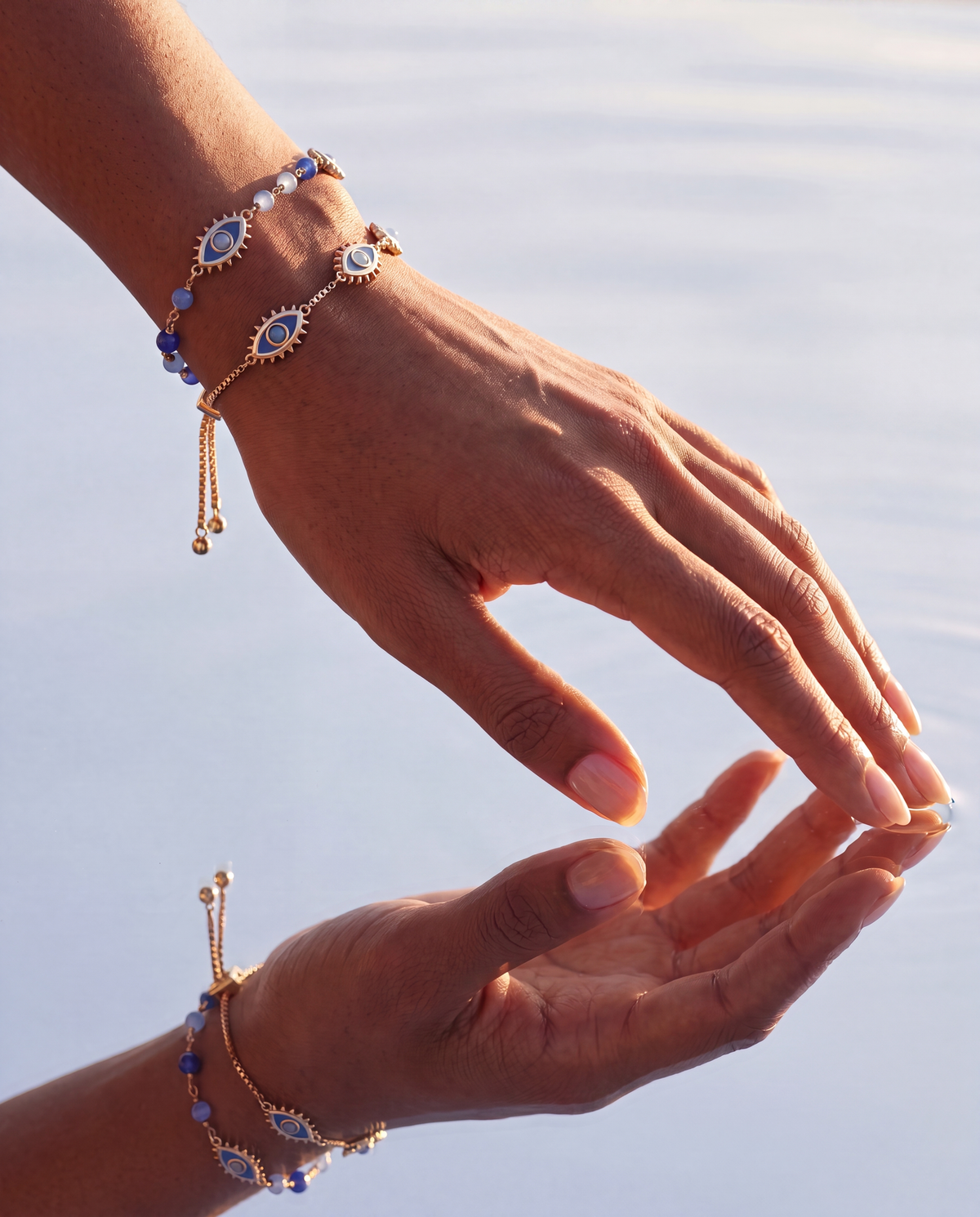 Blue Aventurine Evil Eye Linear Bracelet: Gold