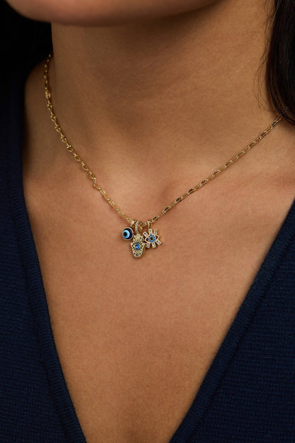 Evil Eye Triple Charm Necklace: Gold
