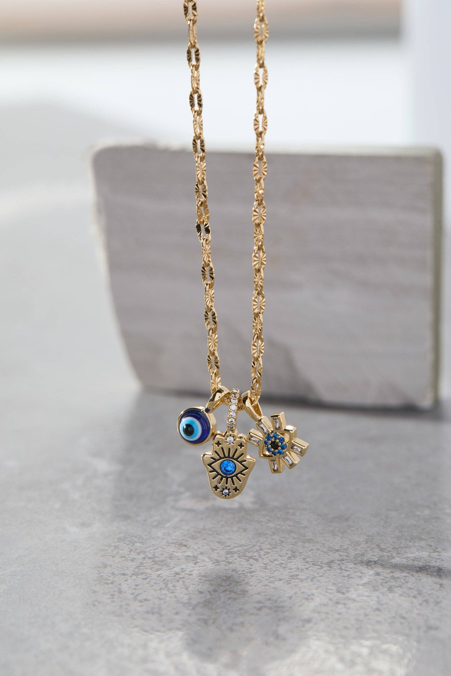 Evil Eye Triple Charm Necklace: Gold