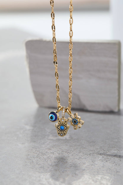 Evil Eye Triple Charm Necklace: Gold