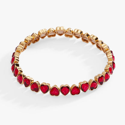Red Crystal Heart Stretch Bracelet: Gold