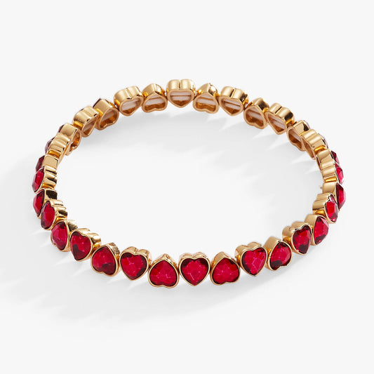 Red Crystal Heart Stretch Bracelet: Gold